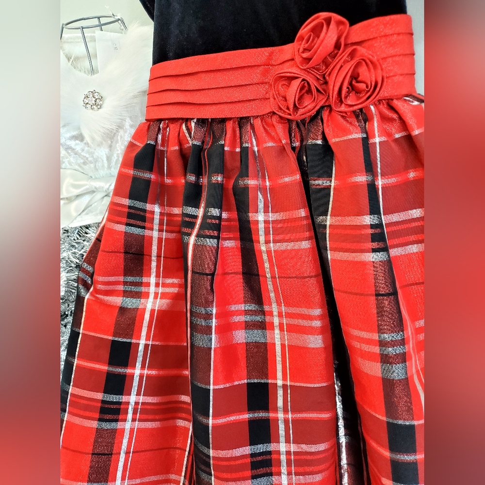 Girl's Bonnie Jean red, black, silver plaid holiday velvet taffeta dress Sz 6X - Picture 3 of 11